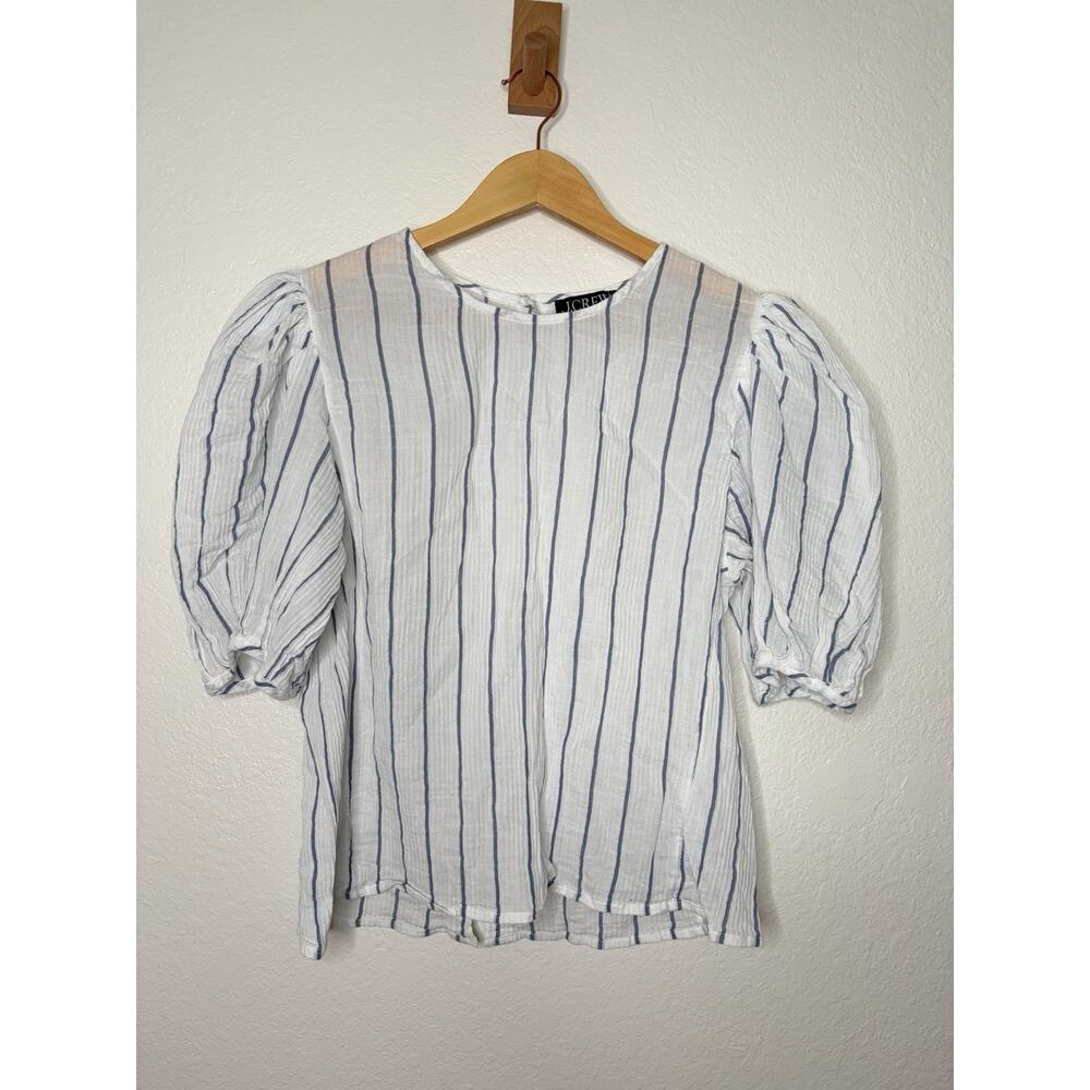 J. Crew Puff Sleeve Top in Sheer Gauze Blue White Cotton Size Medium Preppy